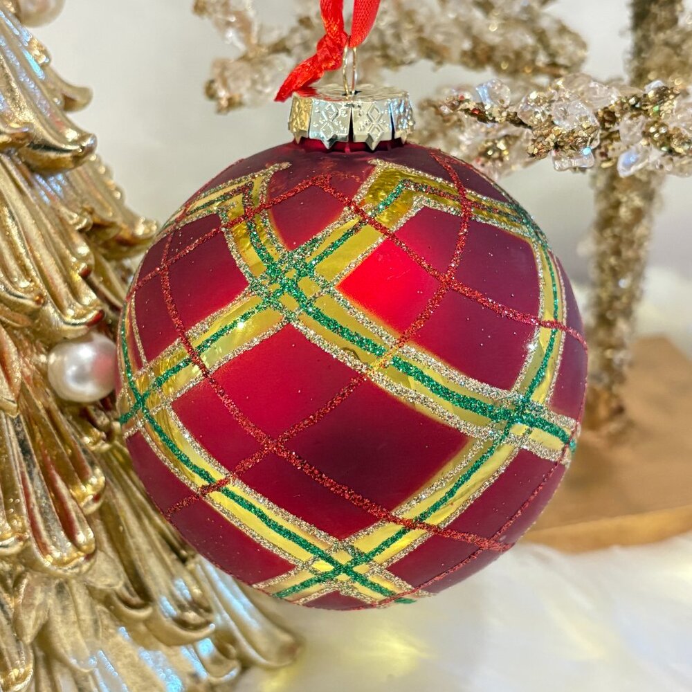 Red Gold Green Blown Glass Holiday Plaid 4" Christmas Ornaments Set Of 4 NIB